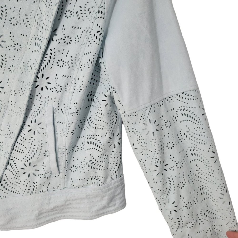 Chico's Women's Biker Jacket Color Light Blue Laser cut details Sz 1 - Picture 5 of 8